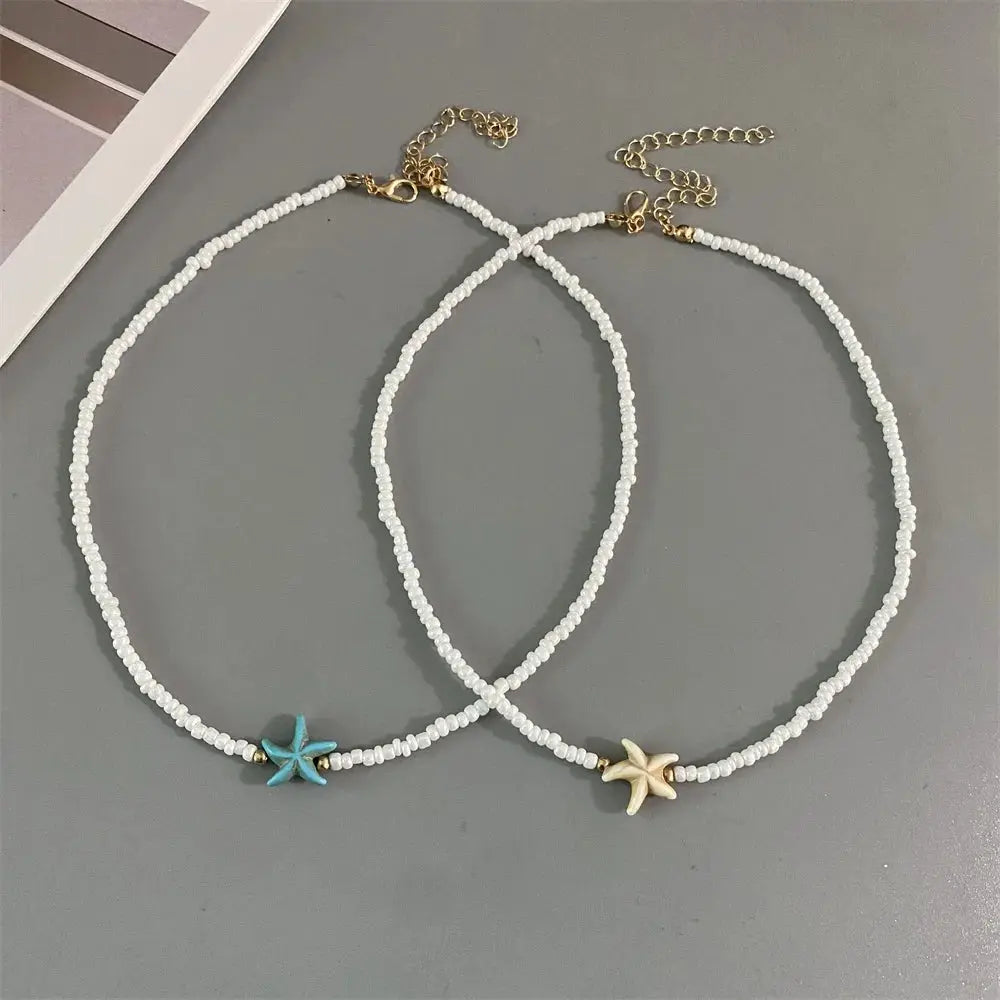 Shell Starfish Seed Beads Choker Necklace For Women Handmade Summer Vacation Gift White Jewelry
