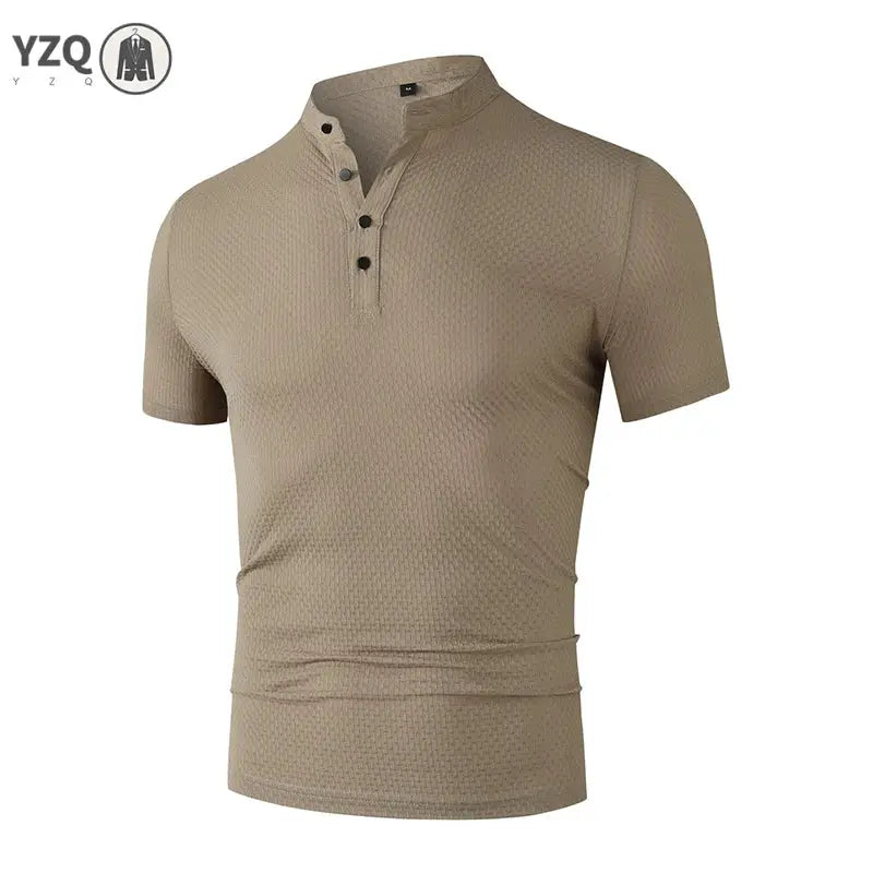 Men's polo shirt in bone beige with textured fabric, breathable short-sleeve top by Simples Market.