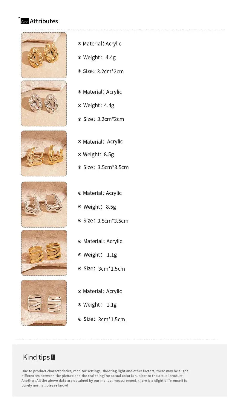 Set of 6 acrylic irregular pleated oval stud earrings in gold and silver tones for unisex wear.
