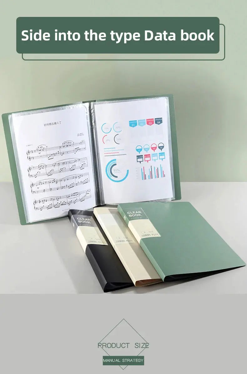 Simples Market A4 side-loading sheet music binder, multi-layer transparent organizer with dividers; set of four in green and neutral shades