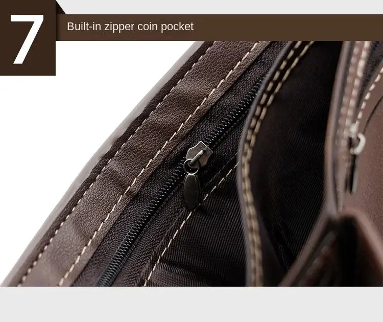 Men's brown PU leather wallet with zippered coin pocket and visible stitching