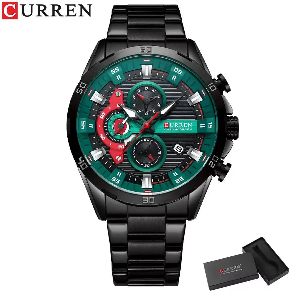 Curren 8402 stainless steel wristwatch with black band and green luminous dial, chronograph, with gift box.
