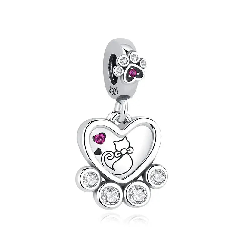 925 Sterling Silver Paw Print Charm Beads for Dogs and Cats Jewelry Pendant Fit for Bracelets Necklaces DIY Projects