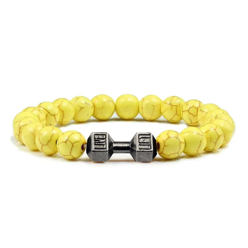 Natural Volcanic Stone Bracelet For Men And Women Matte Black Lava White Beads Dumbbell Charm Strand Fitness Jewelry