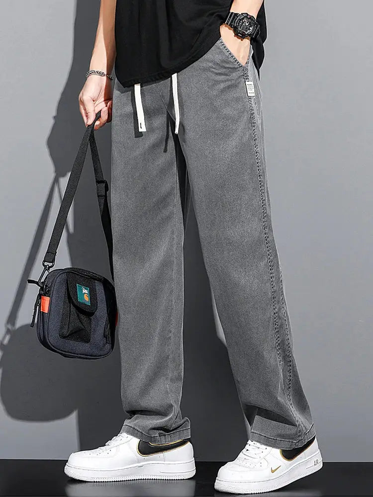 Men's gray lyocell casual trousers with drawstring elastic waist, loose straight fit, plus size M-5XL