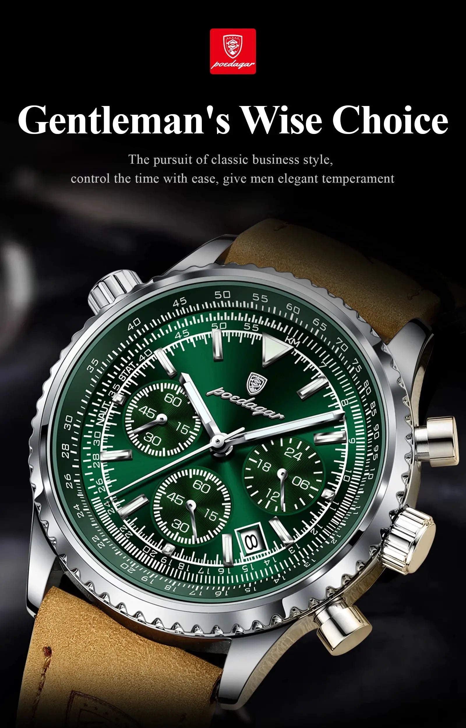 POEDAGAR men's chronograph wristwatch with tan leather strap and green dial
