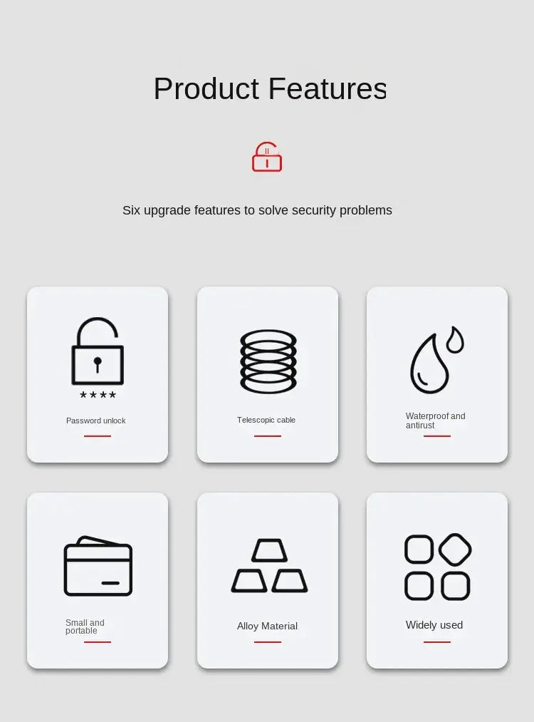 Simples Market bicycle lock — steel wire chain lock infographic showing password unlock, telescopic cable, waterproof, and portable.