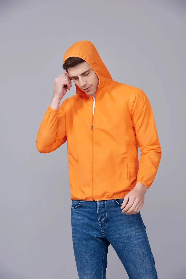 JNLN unisex hiking jacket orange waterproof windbreaker with hood and front zipper