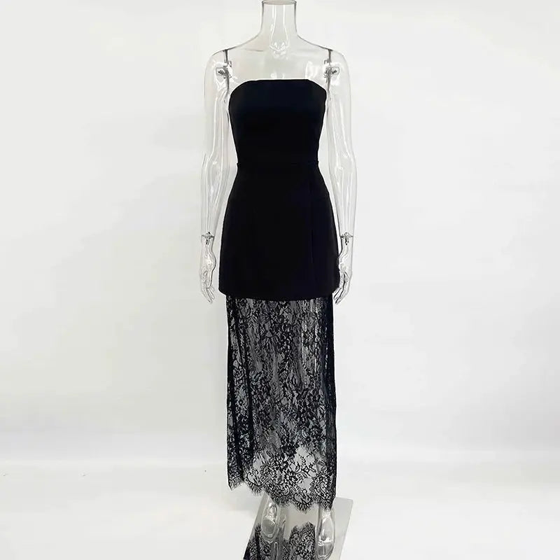 Strapless Lace Dress Set Two Piece Banquet Outfit Backless Elegant High Waist Long Splice Skirt