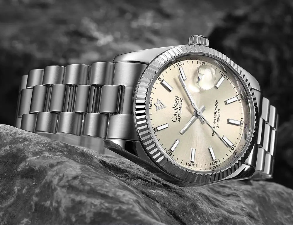 CADISEN men's automatic wristwatch with silver stainless steel bracelet, fluted bezel and cream dial