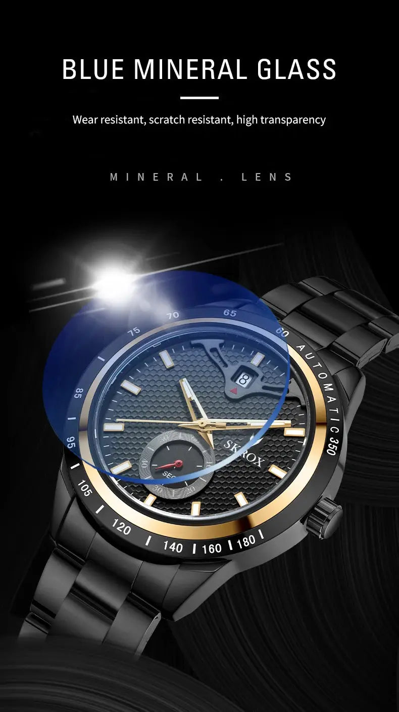SKROX men's stainless steel automatic watch with blue mineral glass, gold hands, black strap, military waterproof design