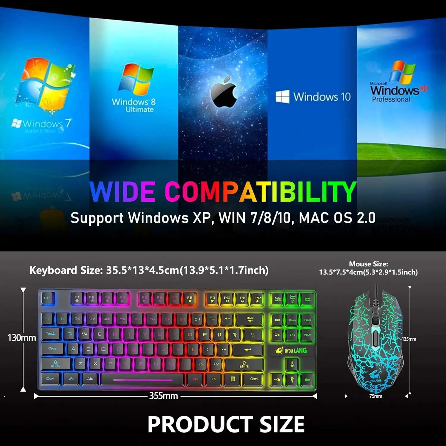 T87 wireless keyboard and mouse set with rainbow backlit RGB, 2.4G wireless, 2400 DPI mouse, includes mouse pad