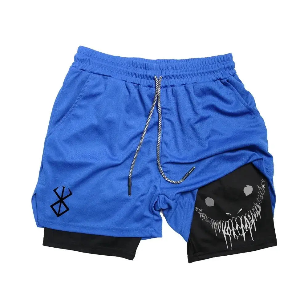 Blue 2-in-1 men's running shorts with black side panel, drawstring waist, and inner liner