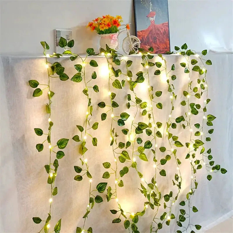 Flower Green Leaf String Lights Artificial Vine Fairy Lights Battery Powered Garland For Christmas Tree Home Decor