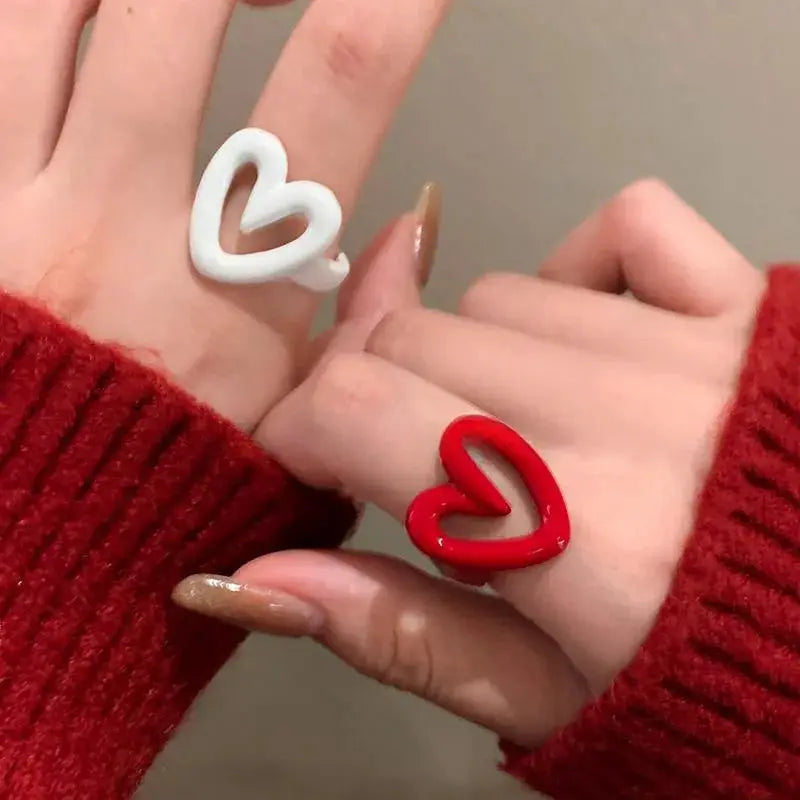 LATS White Red Enamel Heart Ring For Women And Girls Geometric Dripping Oil Y2K Opening Ring Jewelry Gift Wholesale