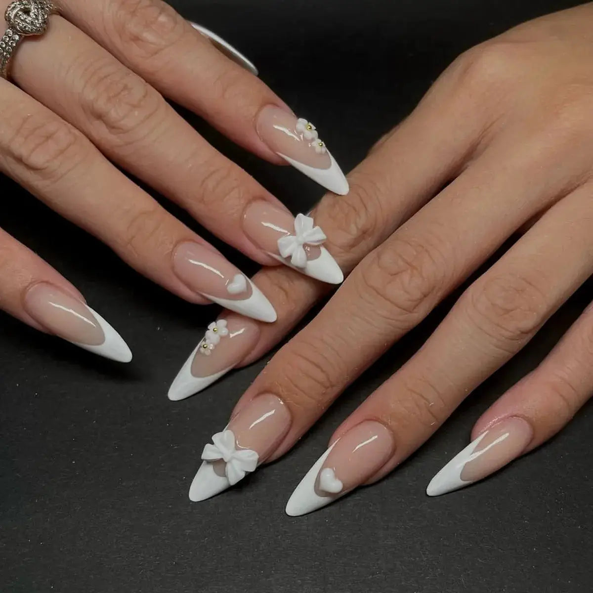 LuxeNail White French Press On Nails 3D Bowknot Full Cover Tips Durable 24Pcs DIY Manicure Set