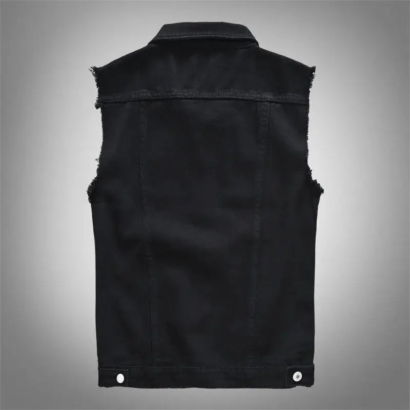 Black denim men's sleeveless vest, frayed armholes, back view.
