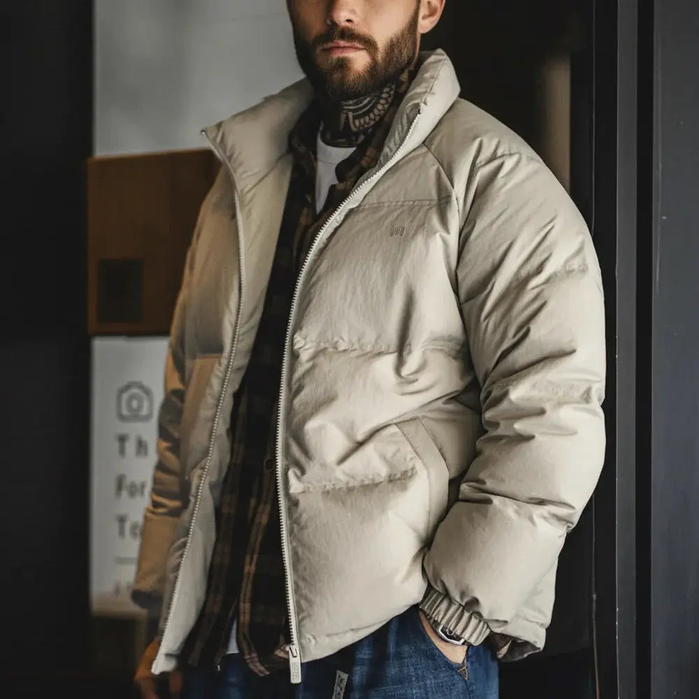 Maden winter down jacket for men, beige duck-down puffer with stand-up collar and waterproof shell.