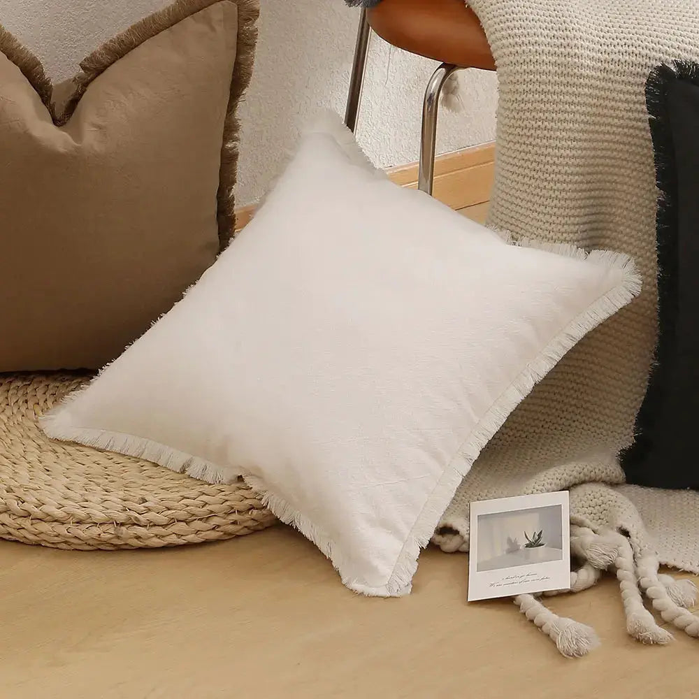 White boho tassel throw pillow cover by Simples Market; fits 30x50/45x45/50x50, breathable soft Nordic fabric.