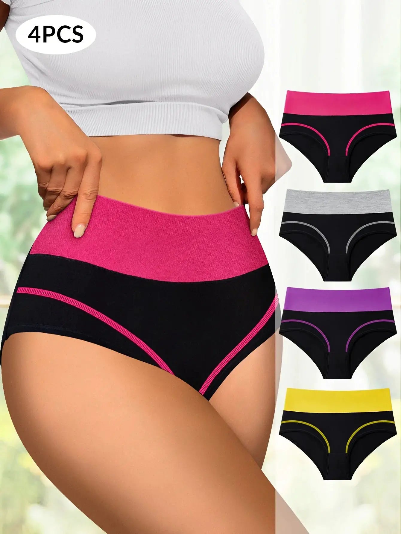 4-piece set of high-waisted tummy-tightening women's panties in black with pink trim; assorted colors shown.