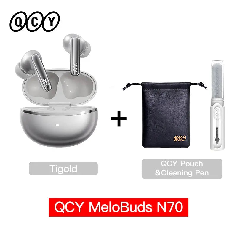 QCY MeloBuds N70 wireless earbuds pair in Tigold with charging case; bundle includes QCY pouch and cleaning pen