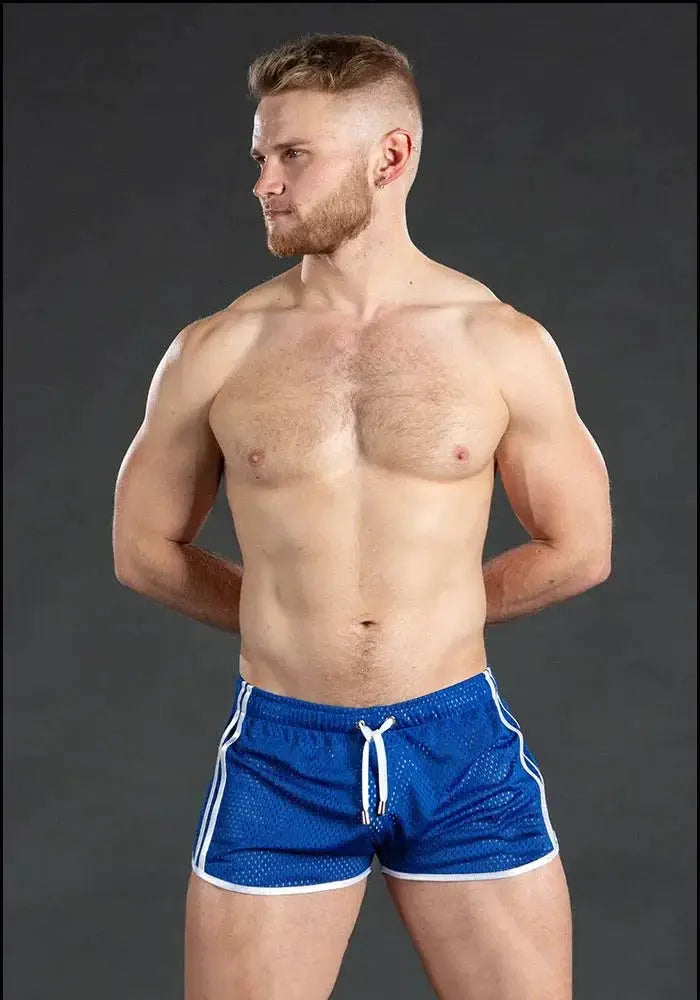 Men's blue grid mesh gym shorts with white trim, drawstring, quick-dry breathable fabric.