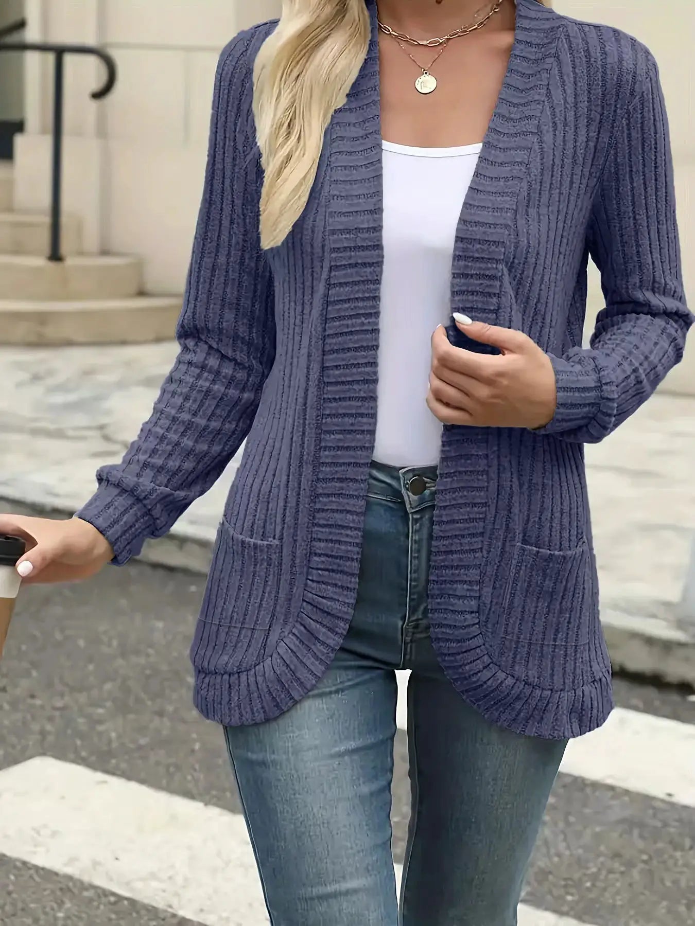 StyleNest Solid Color Brushed Pinstripe Cardigan Jacket For Women With Cozy Warmth And High Stretch Knit