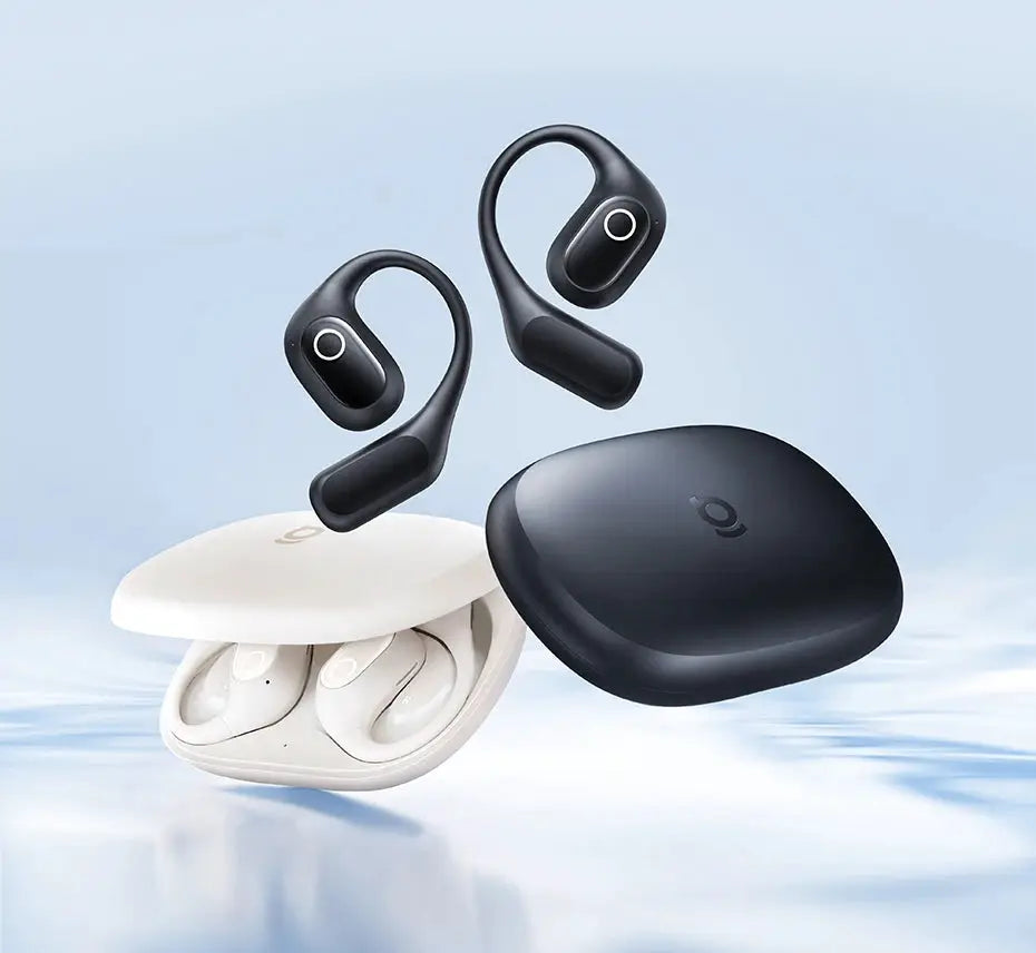 Baseus Eli 2i Fit open-ear true wireless earbuds with ear hooks, black; white charging case shown