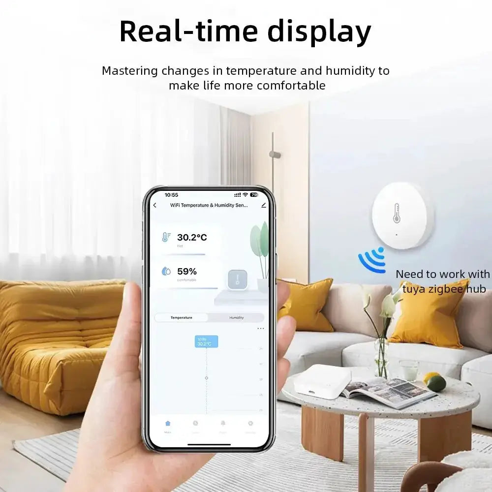 Tuya Zigbee temperature and humidity sensor hygrometer by Simples Market; app shows 30.2°C, 59% humidity