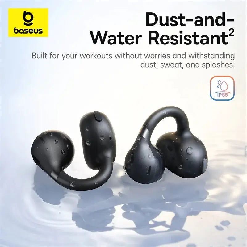 Baseus BC1 open-ear wireless earbud pair, black, IP55-rated, Bluetooth 6.0.