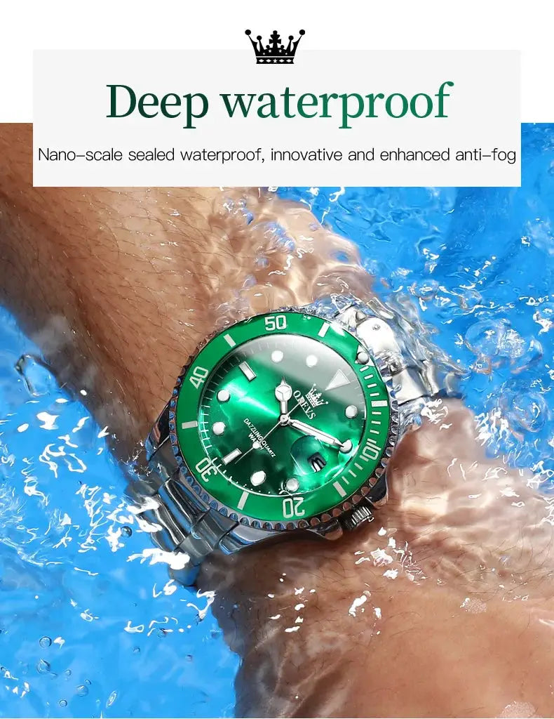 OLEVS men's stainless steel diving watch with green dial and bezel, waterproof.