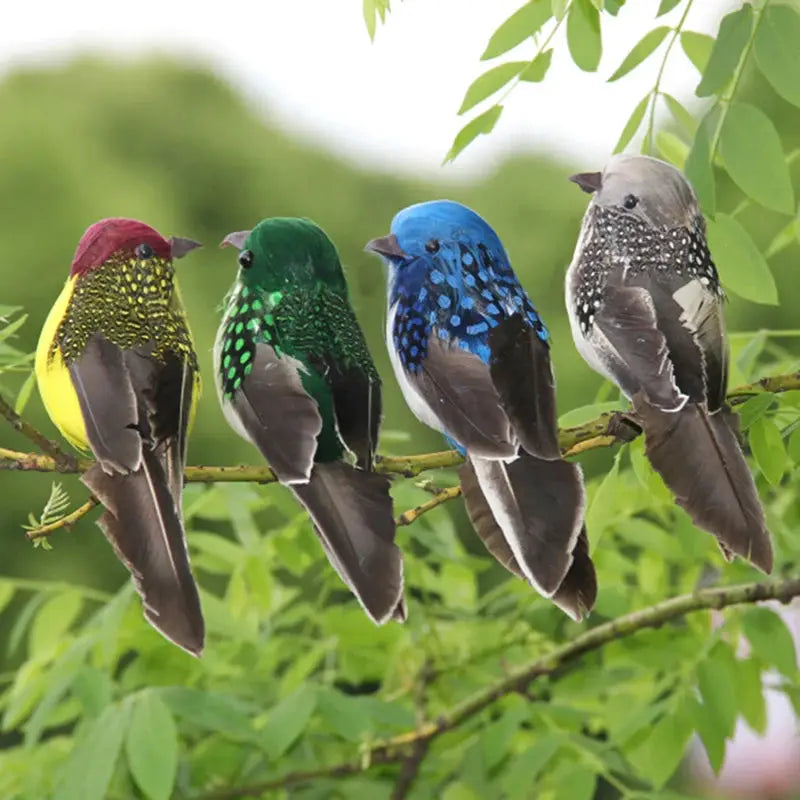 4 artificial foam feather birds garden decoration on a branch in yellow-red, green, blue and grey
