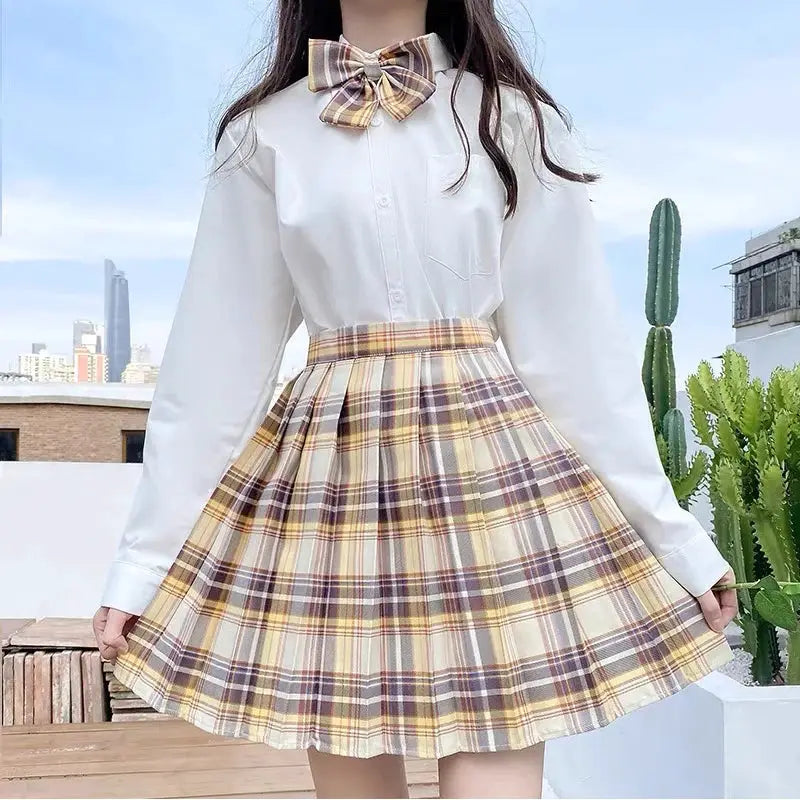 ZOKI plaid pleated high-waist mini skirt in yellow-brown plaid