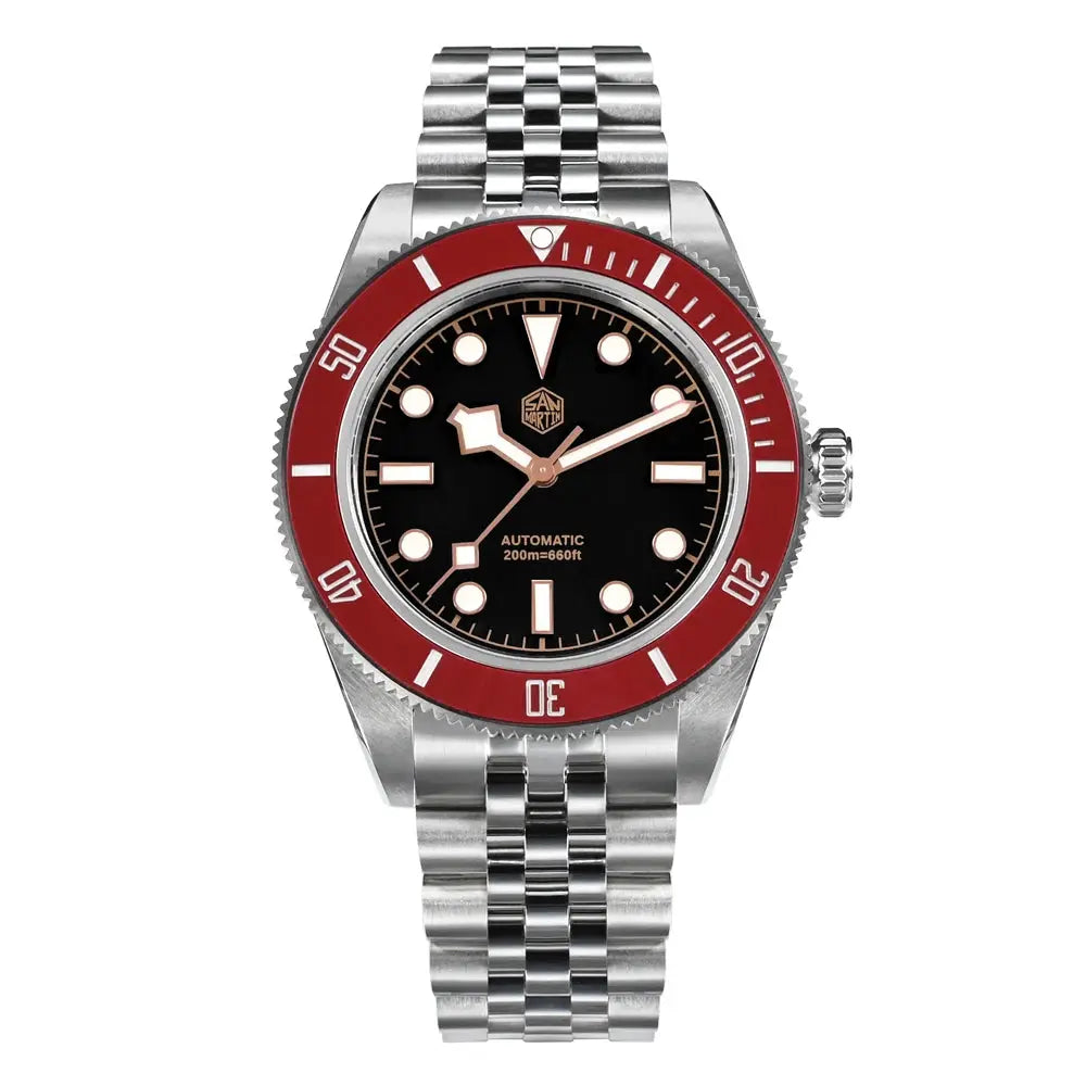 San Martin 40mm BB Diver watch with black dial, red bezel, stainless steel bracelet, NH35 automatic