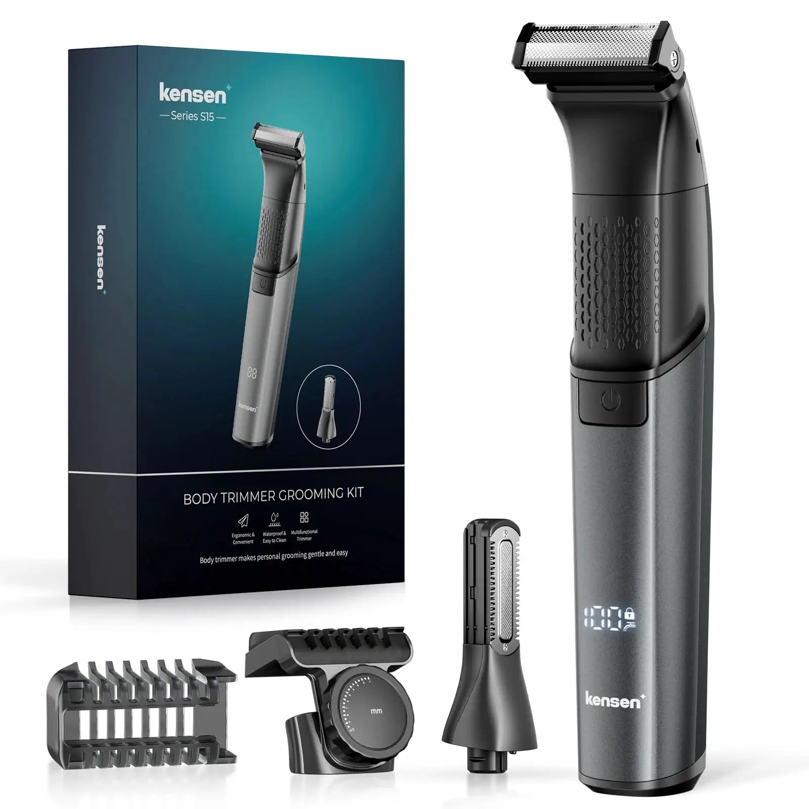 Kensen S15 electric body trimmer with dual-sided blade, black/gray, IPX6 waterproof grooming kit