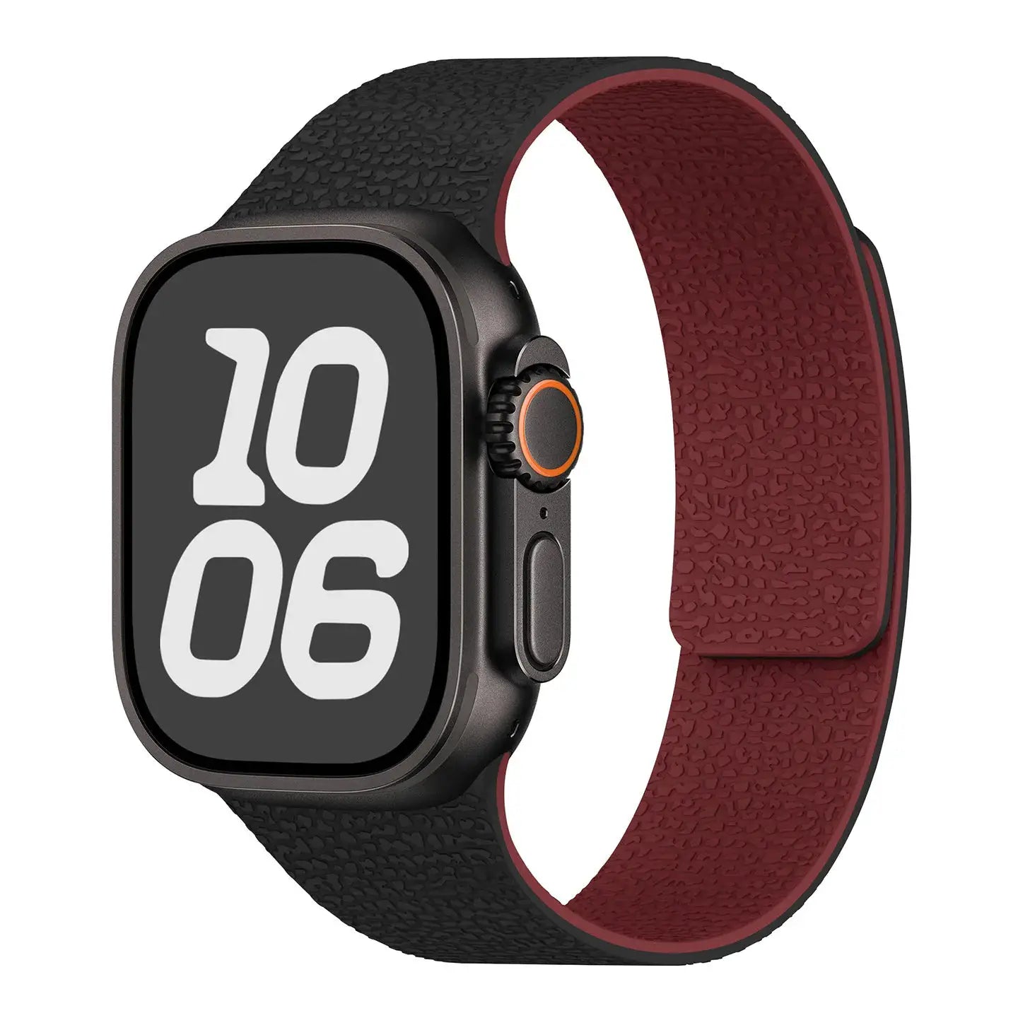 Silicone magnetic Apple Watch strap by Simples Market; black textured exterior with red interior.