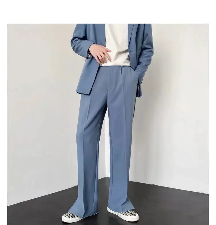 Men's straight baggy casual pants in blue-gray, streetwear suit-style trousers.