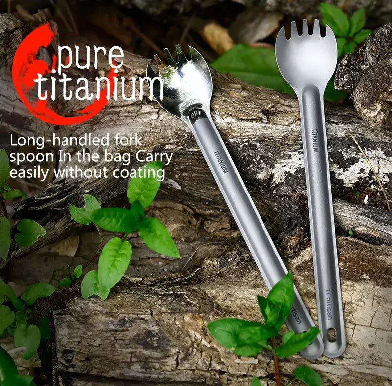Tiartisan titanium long-handle spork spoon set, ultralight camping cutlery, two silver utensils.
