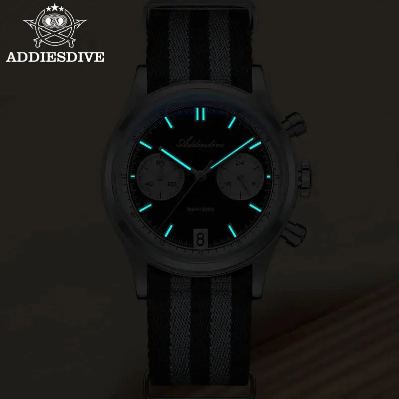 Addiesdive men's chronograph watch with black dial, cyan luminous markers, date window, striped fabric strap.