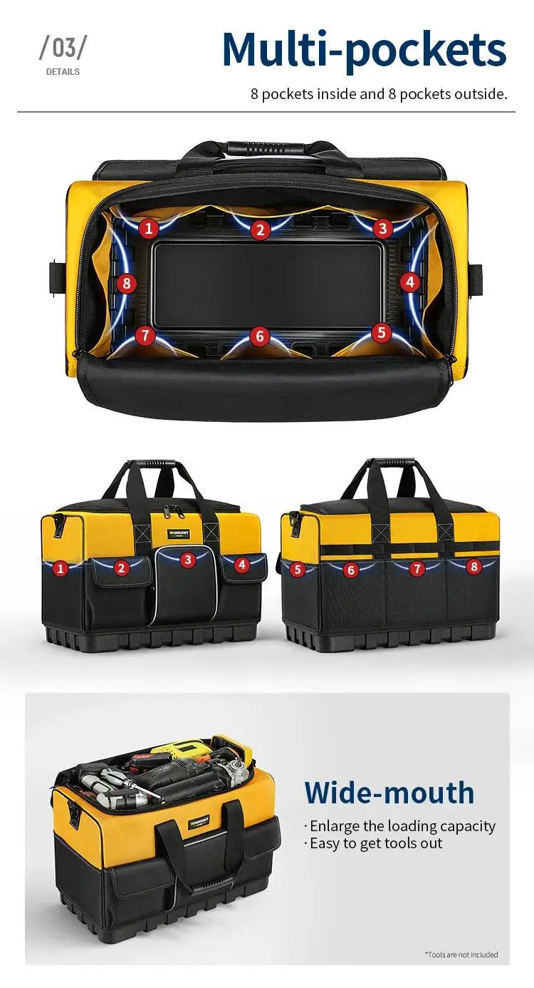 WINHUNT heavy-duty tool bag in yellow and black with wide-mouth opening and molded bottom