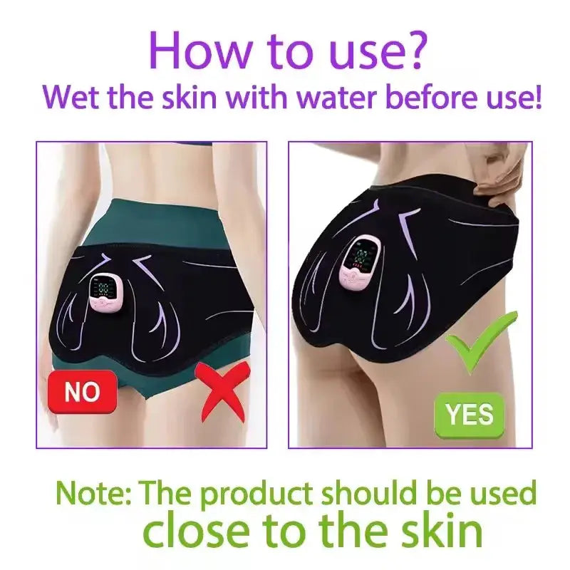 Electric EMS hips trainer butt massager by Simples Market; USB rechargeable, pink control unit on black shorts