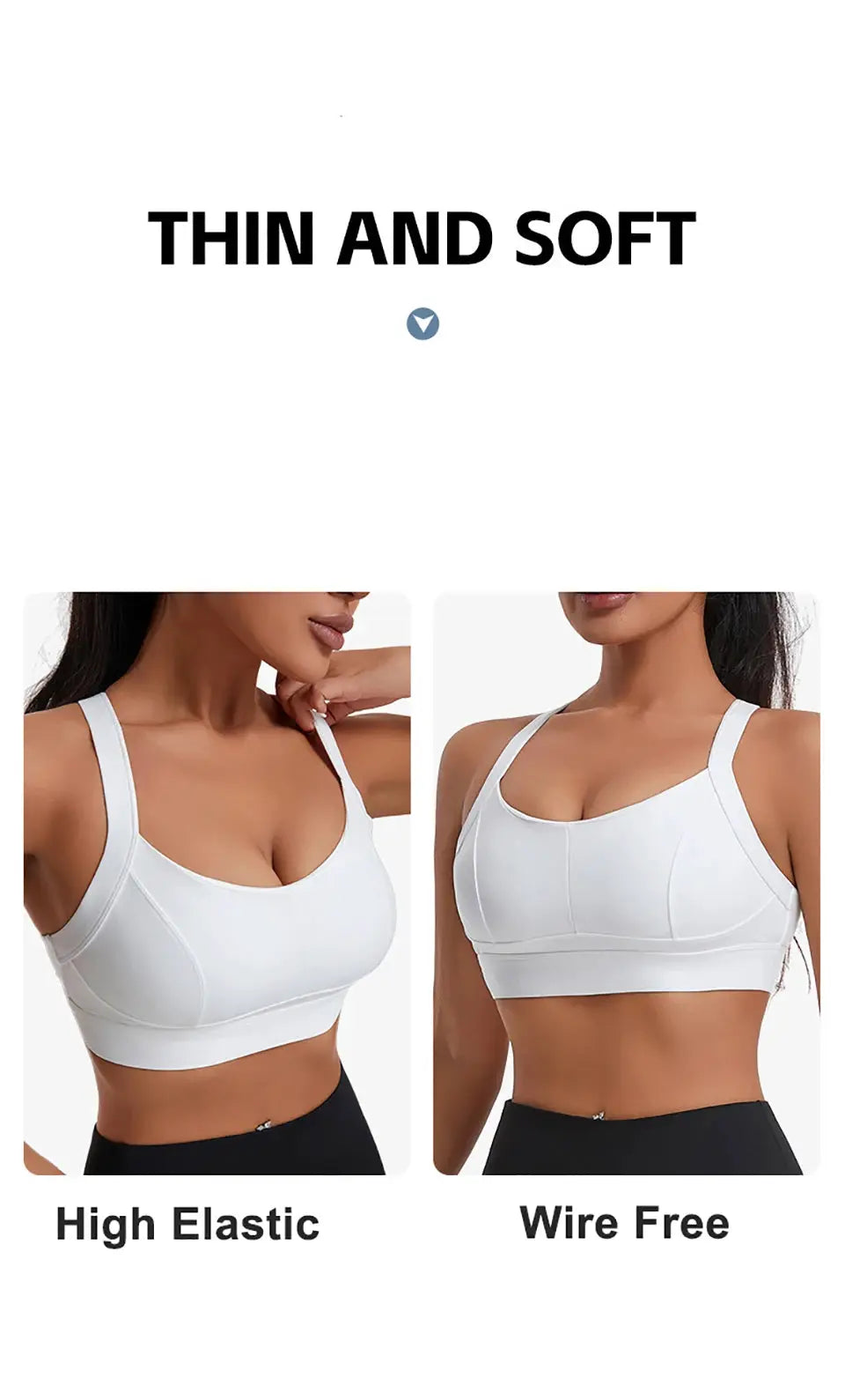 White padded high-impact sports bras, wire-free, shown as a pair for workouts