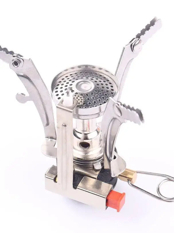 Portable aluminum alloy camping gas stove with folding pot supports and orange ignition knob