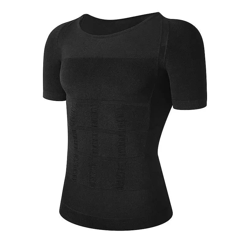 Men's black Simples Market body shaper compression shirt with seamless panels and waist shaping.