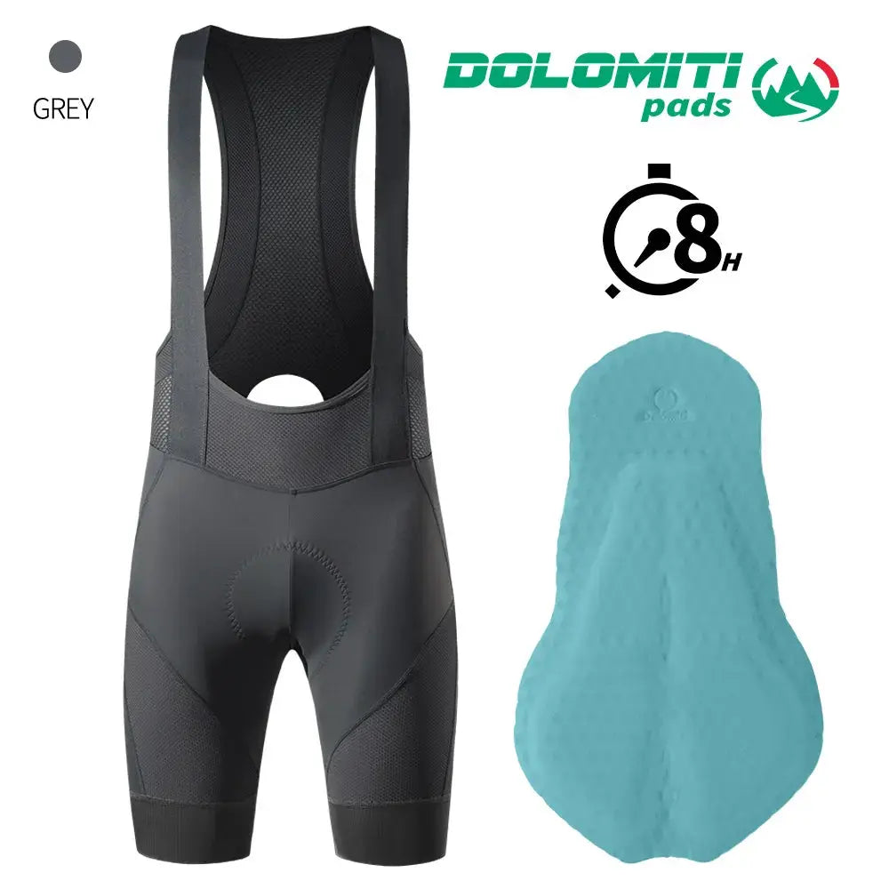 RION grey cycling bib shorts with black straps and turquoise Dolomiti pad