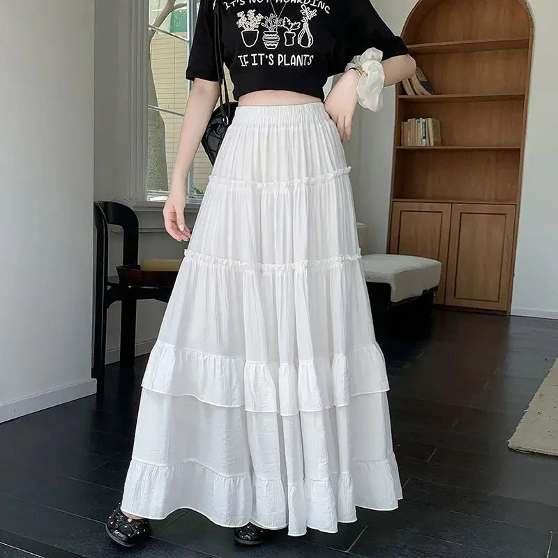 White tiered ruffle-hem maxi skirt, high-waist, flowy chiffon layers