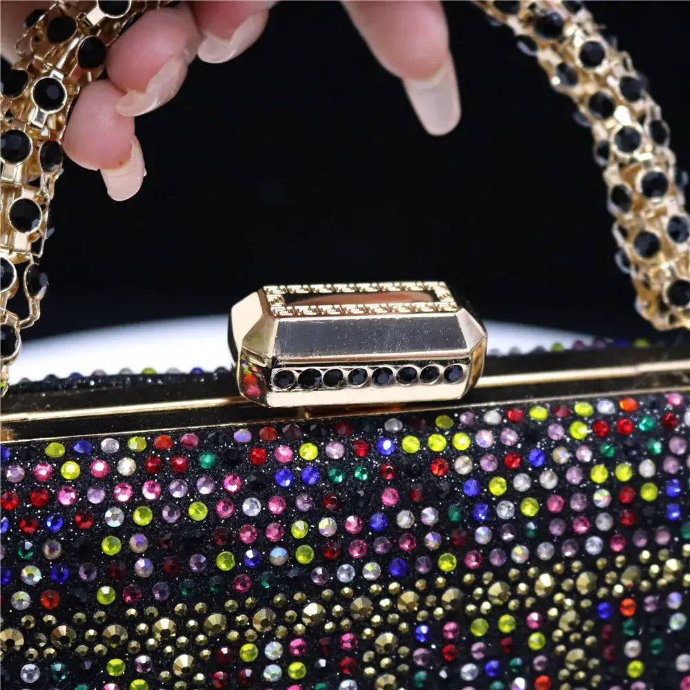 Simples Market evening clutch with diamond-design rhinestones, multicolor crystals and gold-tone chain handle