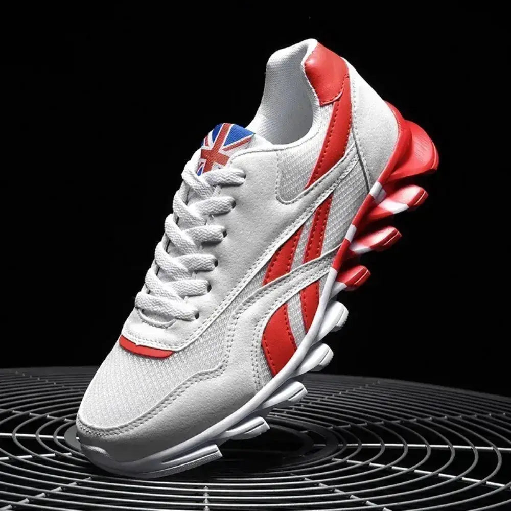 Men's white and red running sneakers with thick cushioned sole and Union Jack tongue badge
