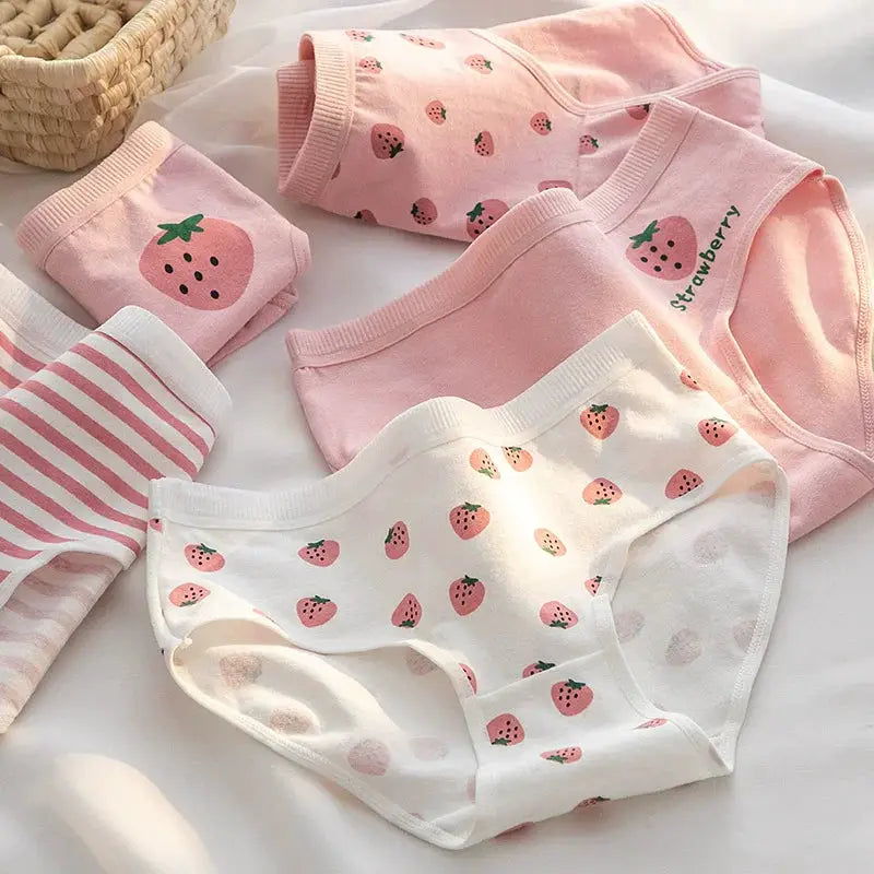 Simples Market 5-piece cotton panties set with strawberry prints in pink and white, mid-rise briefs