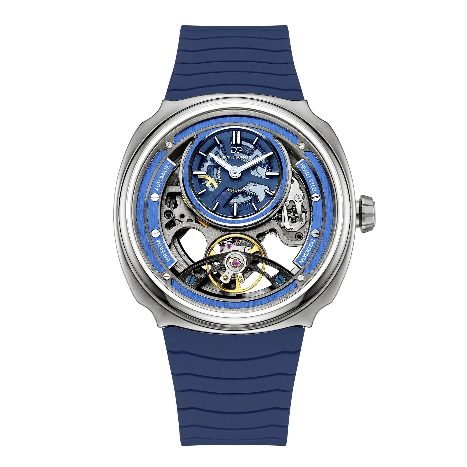 Daniel Gorman automatic watch with blue silicone strap and skeleton dial